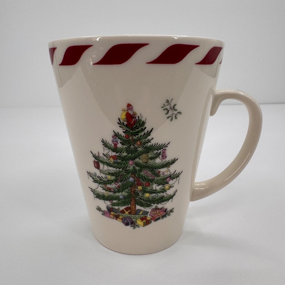 Spode Christmas Tree Holiday 14 oz Candy Cane Peppermint Stripe Rim Coffee Cup